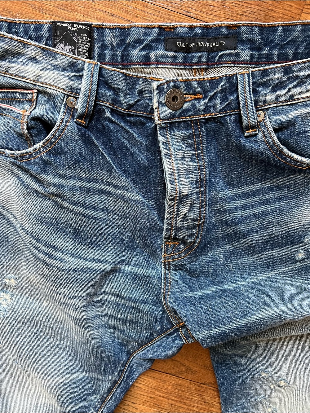 Cult of Individuality Distressed Blue Denim Jean Shorts